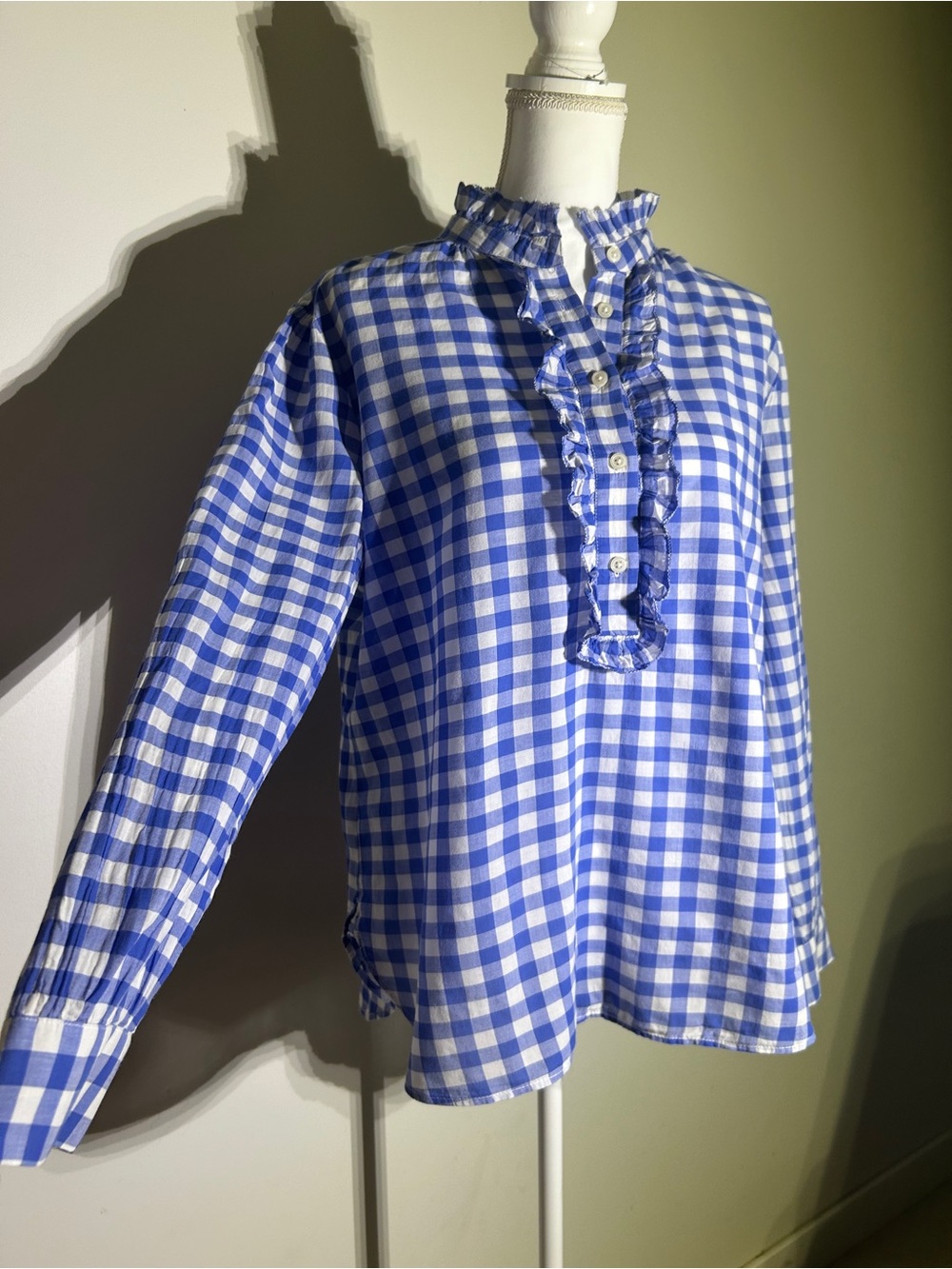 J. Crew Blue and White Gingham Ruffle Pullover Top